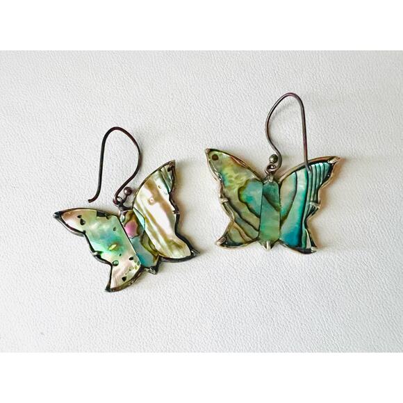 Vintage Sterling Silver Butterfly Earrings Abalone Inlay Dangle 925 CFJ Thai - Picture 6 of 10